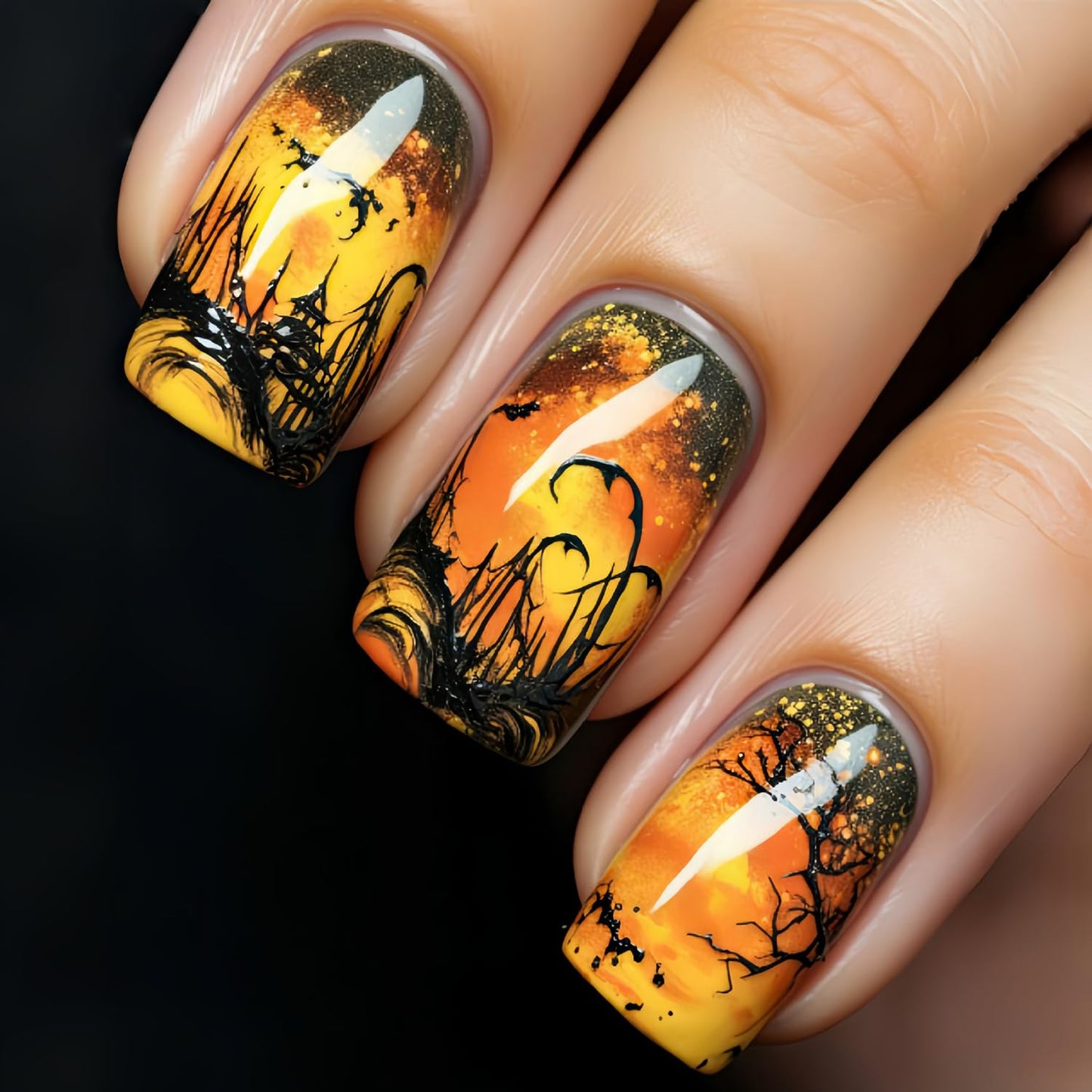 CJDLTS 24Pcs Press On Medium Orange Square Artificial Nails Full Cover Coffin Nails - Black Branches Design, Reusable Glue On, DIY Stick On