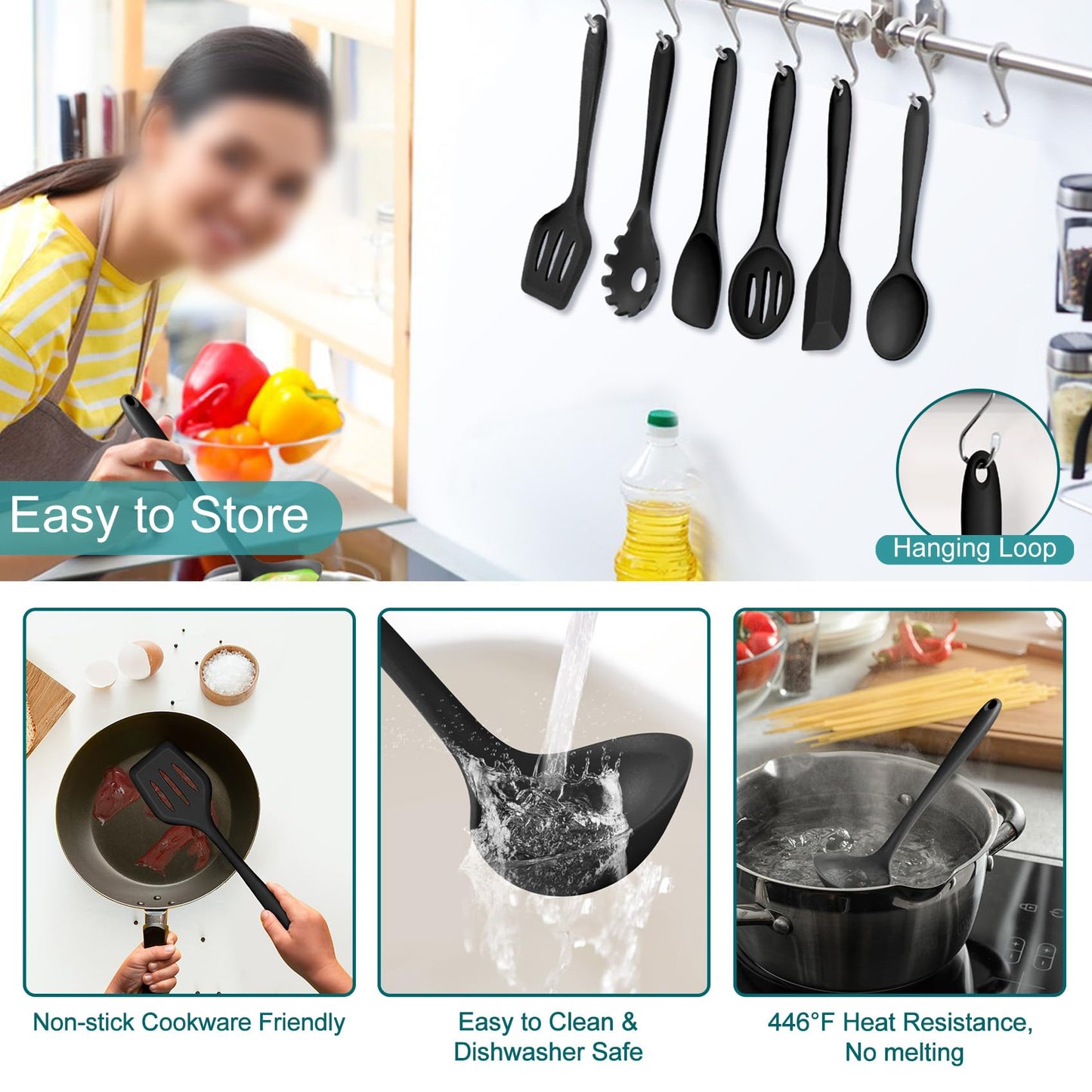 TeamFar Silicone Cooking Utensil Set of 7, Black Kitchen Nonstick Tools Turner Spoon Spatula Ladle Pasta Server for Nonstick Cookware, Healthy & One-Piece, Anti-Heat & Dishwasher Safe