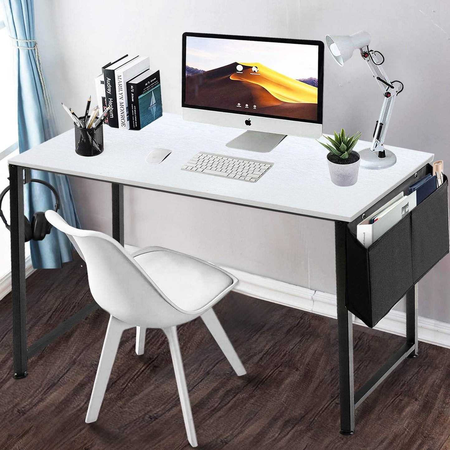 Lufeiya Computer Desk White Writing Table for Small Spaces Home Office 39 Inch Modern Study PC Desk with Storage Bag Hook, White Black