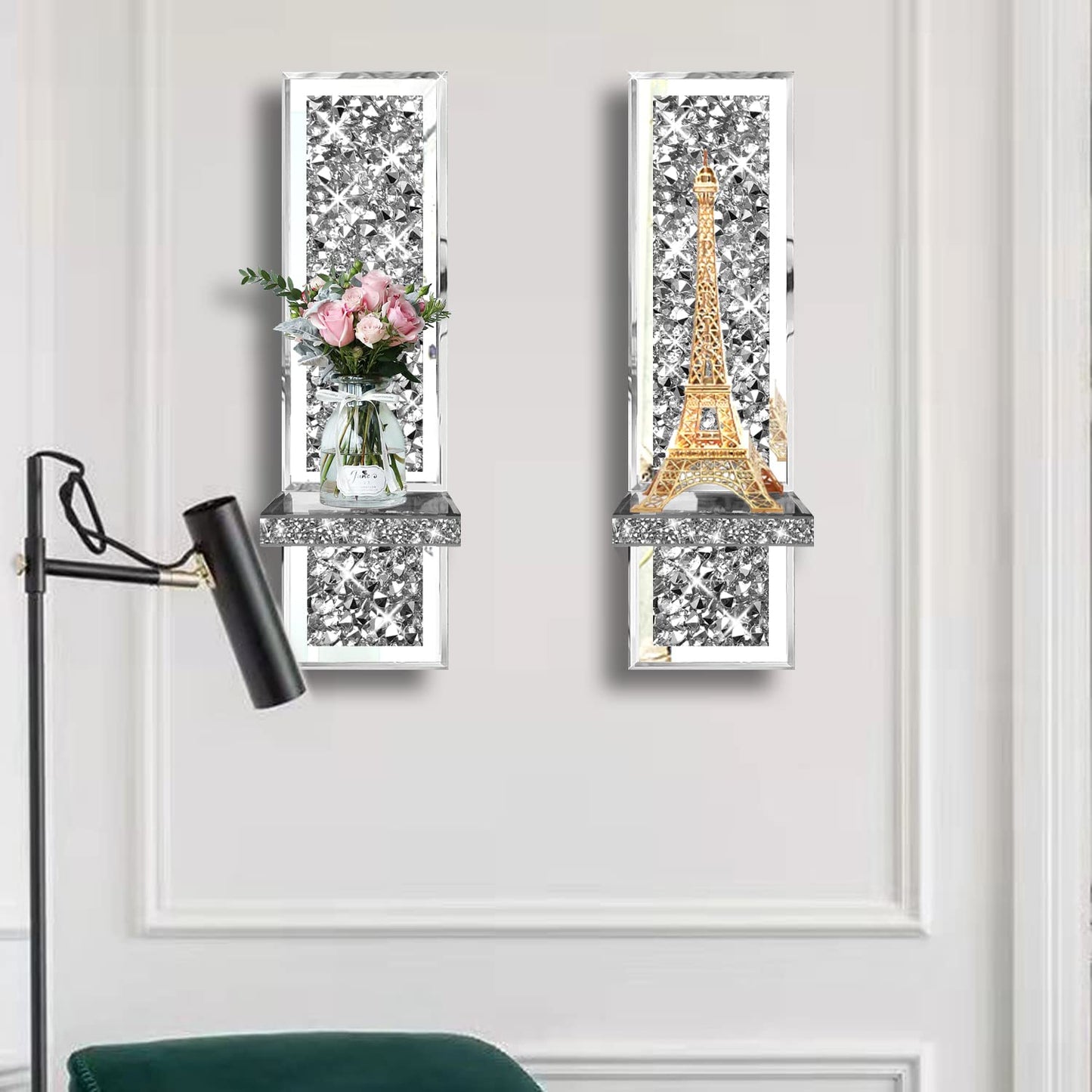 ZOLAPI Set of 2 Crystal Crush Diamond Candle Sconces, Gorgeous Silver Mirrored Wall Sconce, Candle Holder Glass Wall Decorations for Home Décor, Living Room, Dining Room.