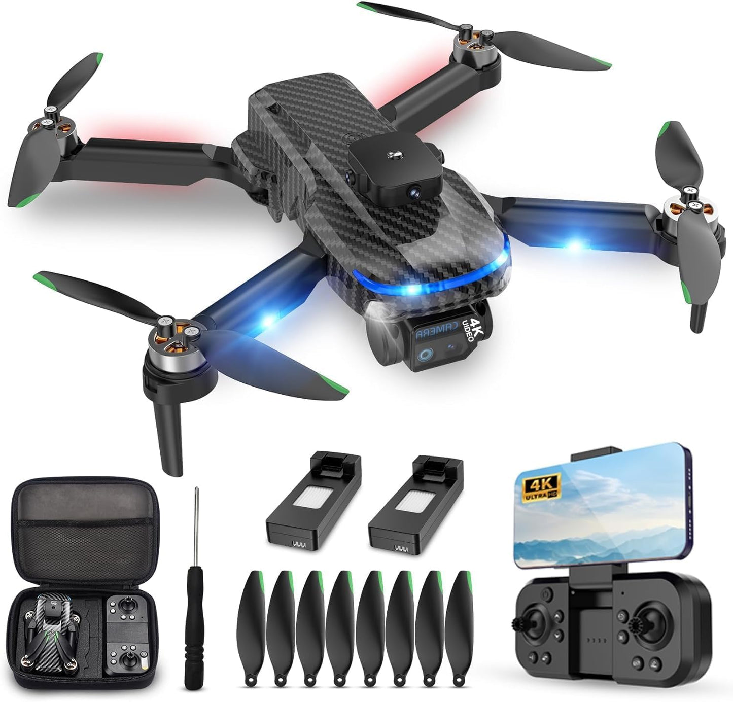4K Drones with Camera for Kids,Drones for Adults withEmergency Stop, Headless Mode, 360° Flips, CarryingCase & 2 Batteries,Wireless RC Toys for Boys Girls(Black)