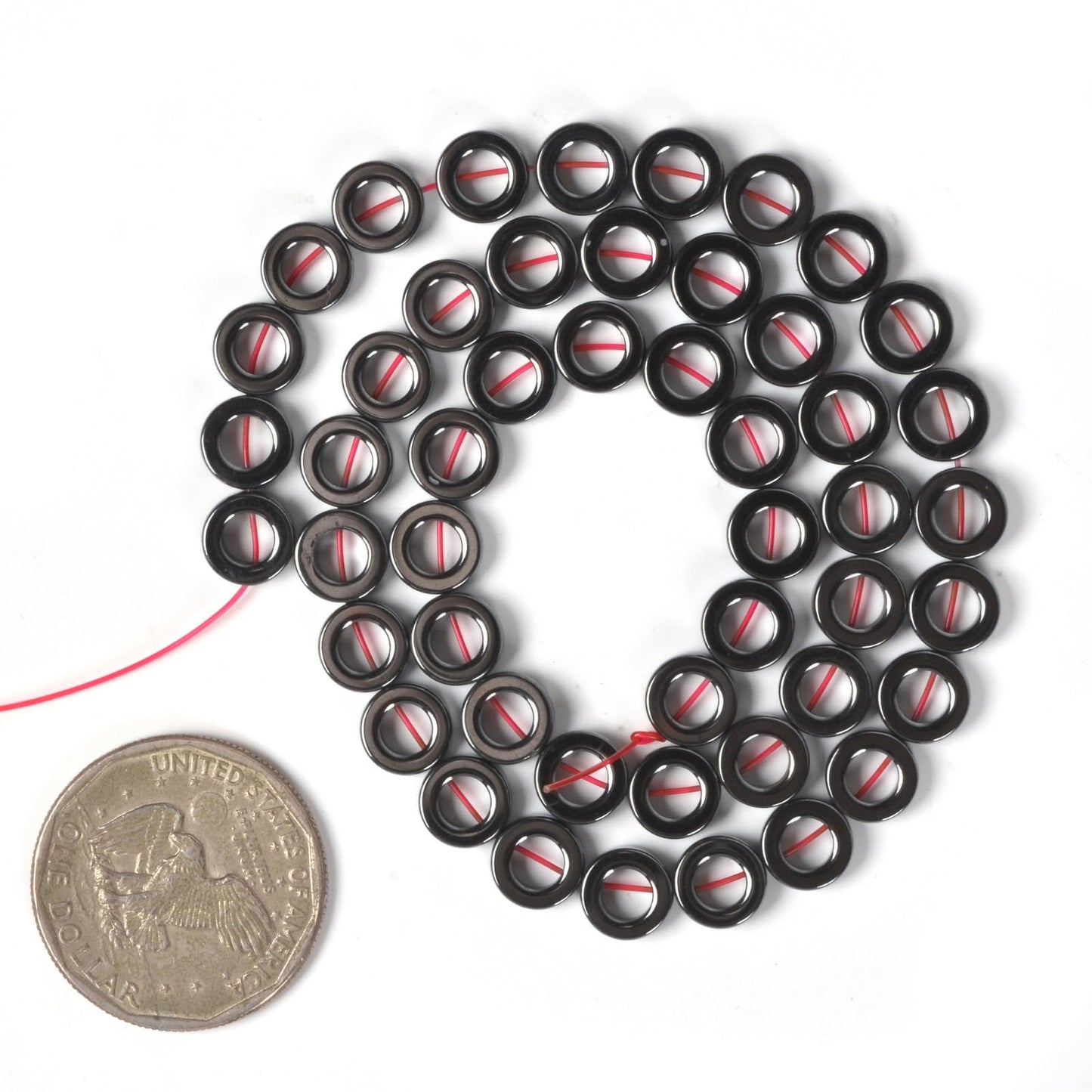 Natural 8mm Hematite Hollow Circle Flat Round Ring Shape Donut Beads Strand 16 Inch for Jewelry Making