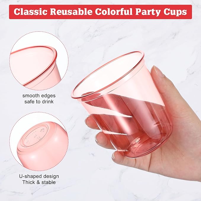 50pcs Disposable Stemless Glasses 12oz Crystal Plastic Wine Glasses Clear Classic Pet Cup for Meeting Weddings Birthdays Cocktail Christmas Party Supplies (Red)