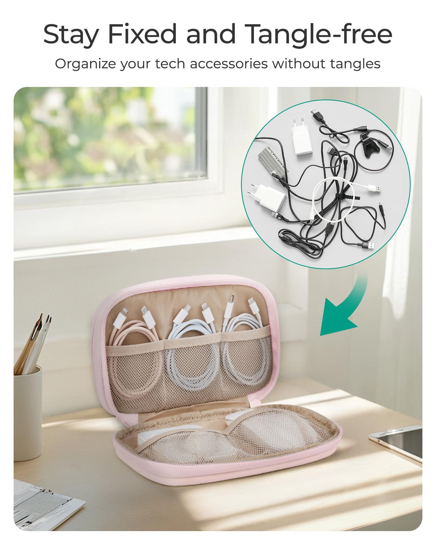 BAGSMART Cord Organizer Travel Cable Bag, Compact Tech Electronic Organizer Travel Case, Essentials for Charger, Cable, Phone, Flash drive, Double Layers (Pink)