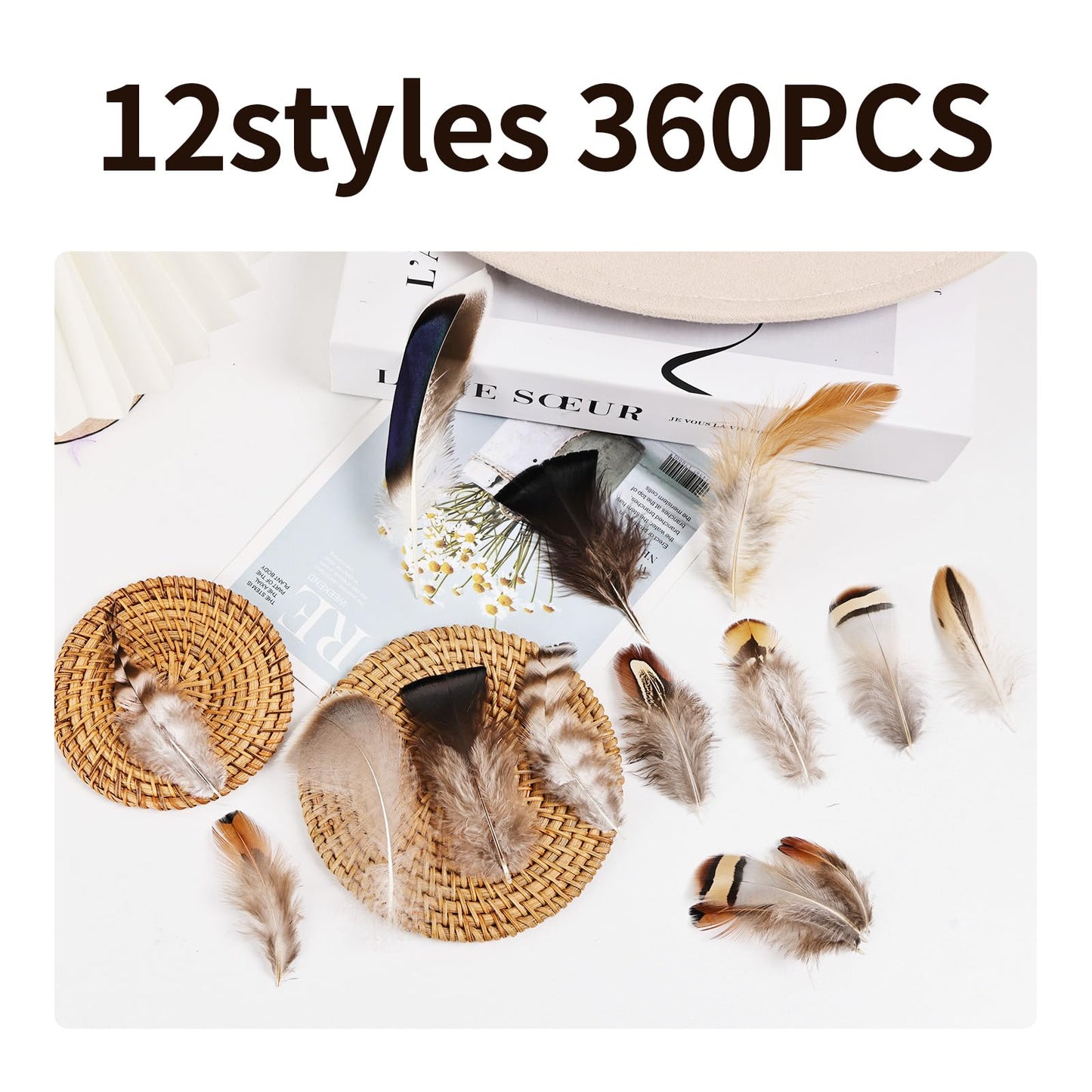 Natural Feathers Bulk -360PCS - 12 Styles Assorted Small Natural Feathers, Peacock Feathers, Pheasant Feathers, Turkey Feathers for DIY Crafts, Wedding, Crafting Supplies