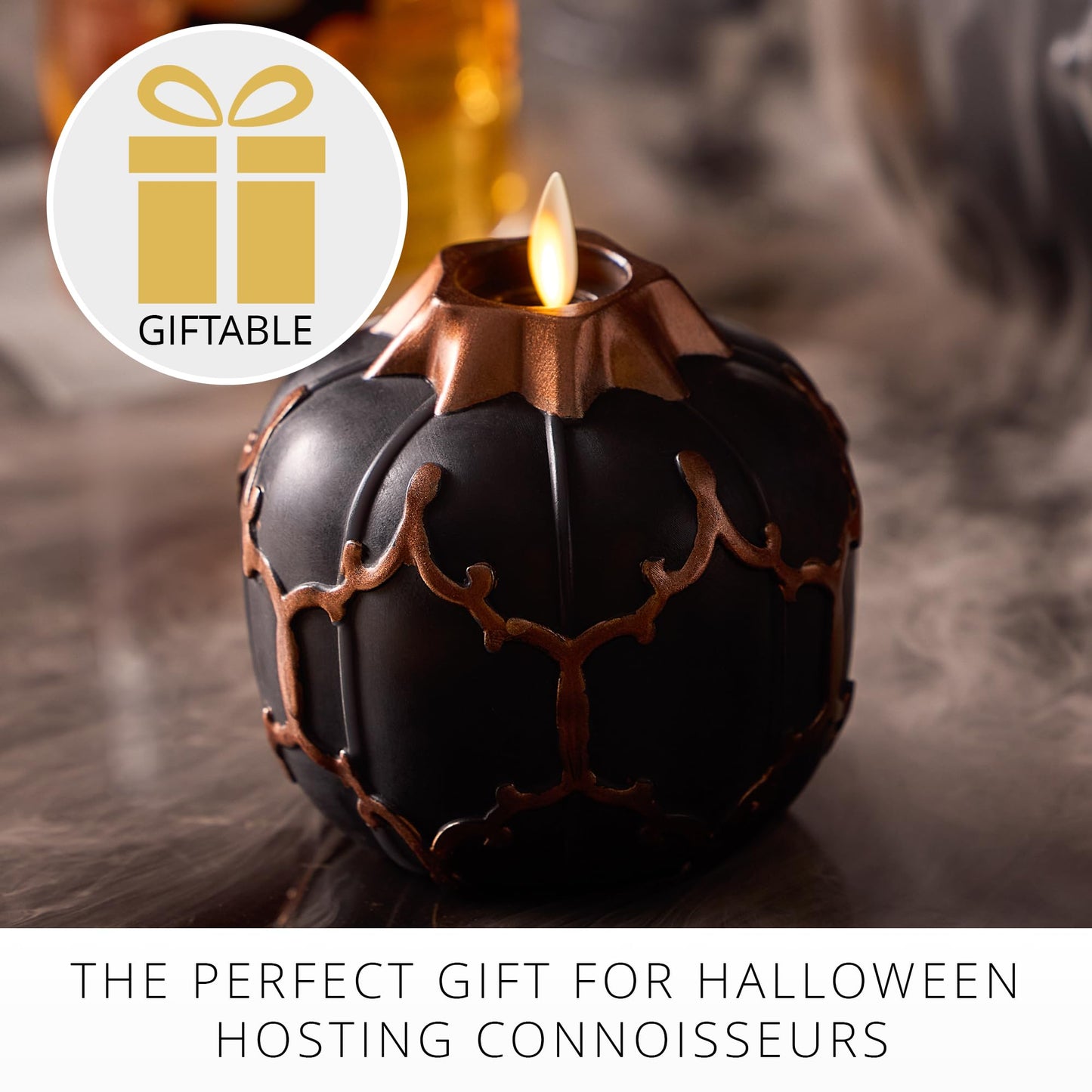 Luminara Black Embossed Fretwork Pumpkin Candle, 3.8" x 4.3" Flickering Flameless LED Light, AA Batteries (Sold Separately) w/Timer, Real Wax Indoor Fall Halloween Decor Table Mantel Decoration