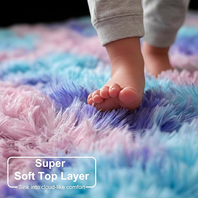 Amdrebio Purple Rainbow Small Round Rug 3Ft for Bedroom Girls Room Decor, Mermaid Stitch Frozen Kids Rugs for Playroom Nursery Dorm, Fluffy Furry Cute Shag Carpet, Kawaii Circle Area Rugs for Baby