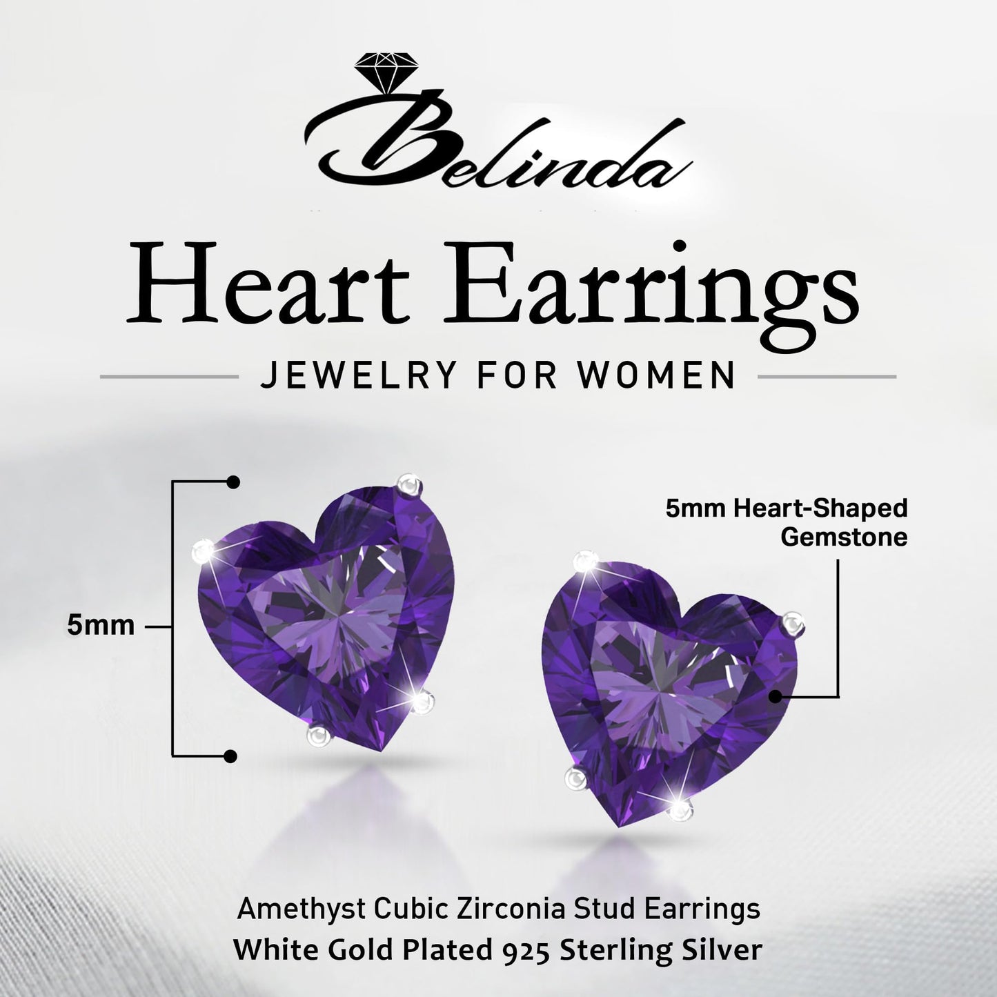 Belinda Jewelz - Heart Stud Earrings, 5mm Cubic Zirconia Heart Earrings with Prong Setting, 925 Sterling Silver Earrings Studs, Amethyst Stud Earrings for Women