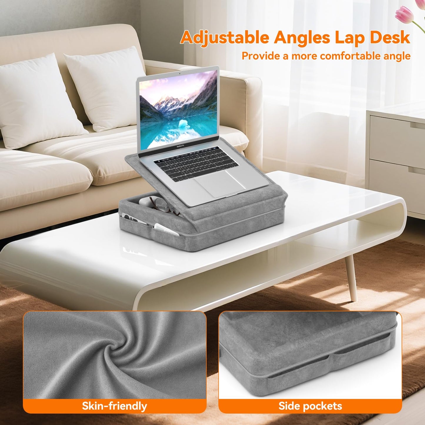 KDD Laptop Lap Desk with Cushion, Laptop Table with Storage for Bed & Sofa, Adjustable Lap Pillow Stand with Anti-Slip Strip & Cell Phone/Tablet Slot for Home Office College