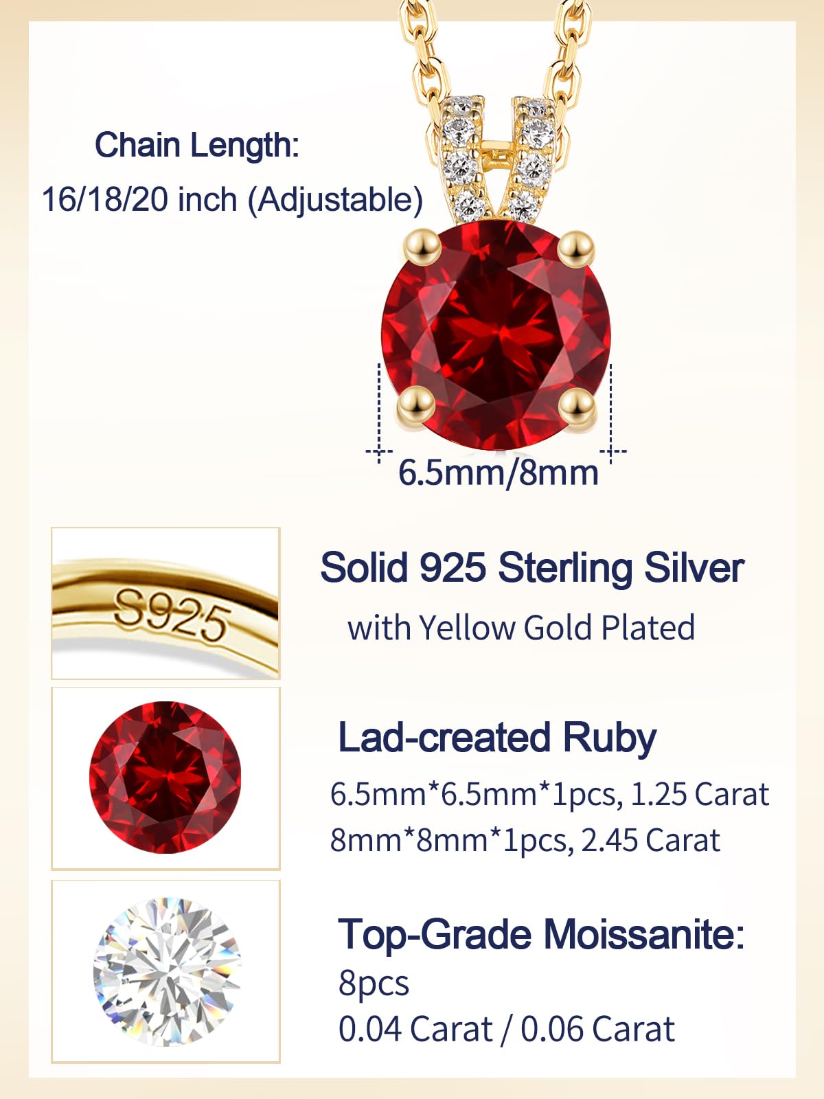 CYW 1 Carat Red Ruby Small Gold Round Necklace for Women 925 Sterling Silver Solitaire Pendant Necklace