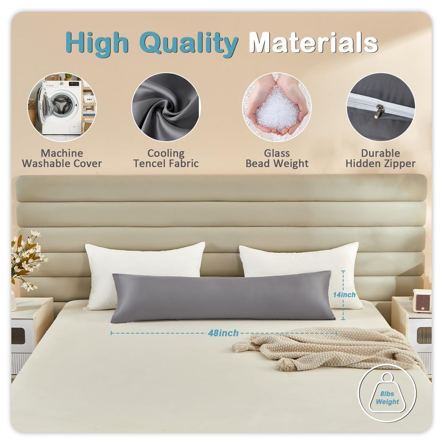 MIOTO Cooling Weighted Body Pillow with Tencel Cover（48" x 14"） 8.5lbs - Quilted Glass Beads Body Pillows for Better Sleep, Weighted Pillow for Adults, Long Pillow for Bed, Ideal Side Sleeper Pillow