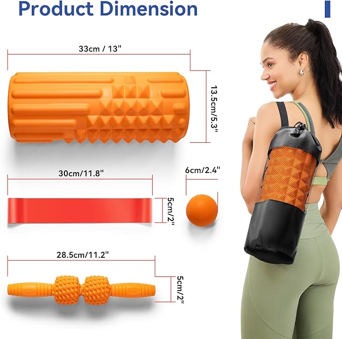 5 in 1 Foam Roller Set - Massage Roller Back Roller Foam, Muscle Roller Stick, Massage Ball, Resistance Band for Physical Therapy & Deep Tissue Muscle Massage (Orange)