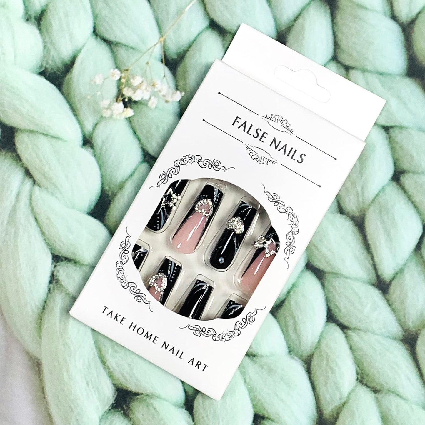 FIEONCIY Press on Nails Coffin Long Black Glossy Full Cover Acrylic Square French False Nails with Star Glitter Designs Artificial Ballerina Fake Nails with Charm Glue Stick on Fingernails for Women