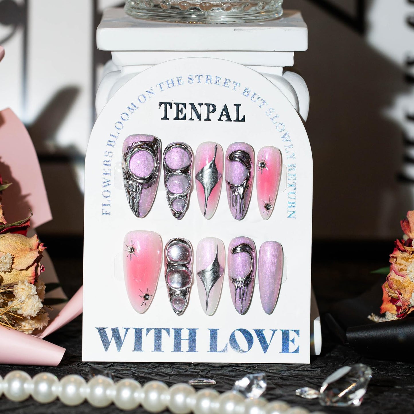 TENPAL Handmade Press on Nails Almond,Sweet Cool Fake Nails With Designs,Metal 3D Aurora Nails 10Pcs/Box,Acrylic False Nails Press Ons,y2k False Nails With Glue For Women Girls Gift(L)