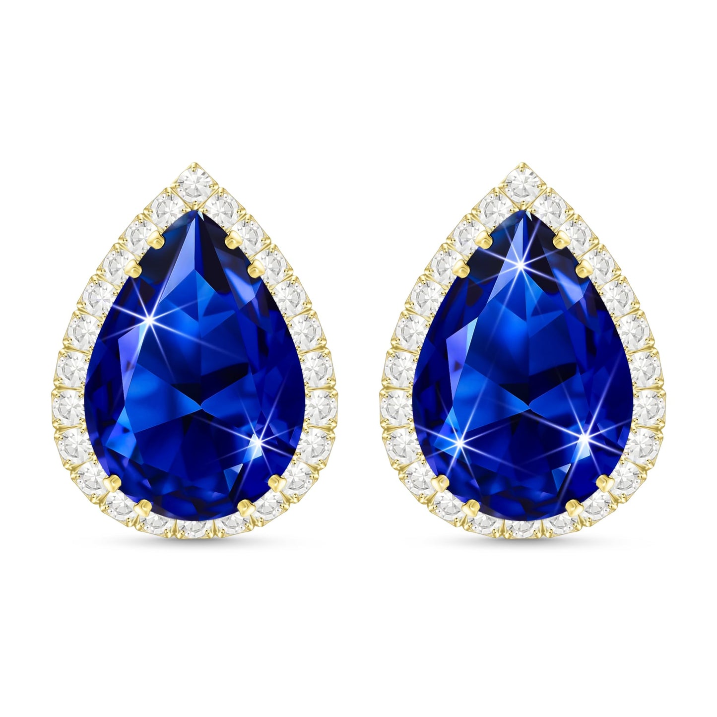 Linawe Imitation Diamond Earrings for Women, Gold Aquamarine Cubic Zirconia Sapphire Royal Blue Stud Earrings, Navy Blue Teardrop Statement Rhinestone Earrings Studs