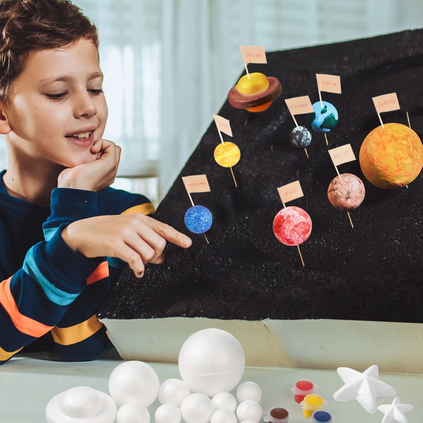Pllieay 63PCS Solar System Foam Ball Kit Includes Color Pigments, Palette, Mixed Sized Polystyrene Spheres Balls, Toothpick Flag, Painting Brushes, Bamboo Sticks for Back to School Science Projects