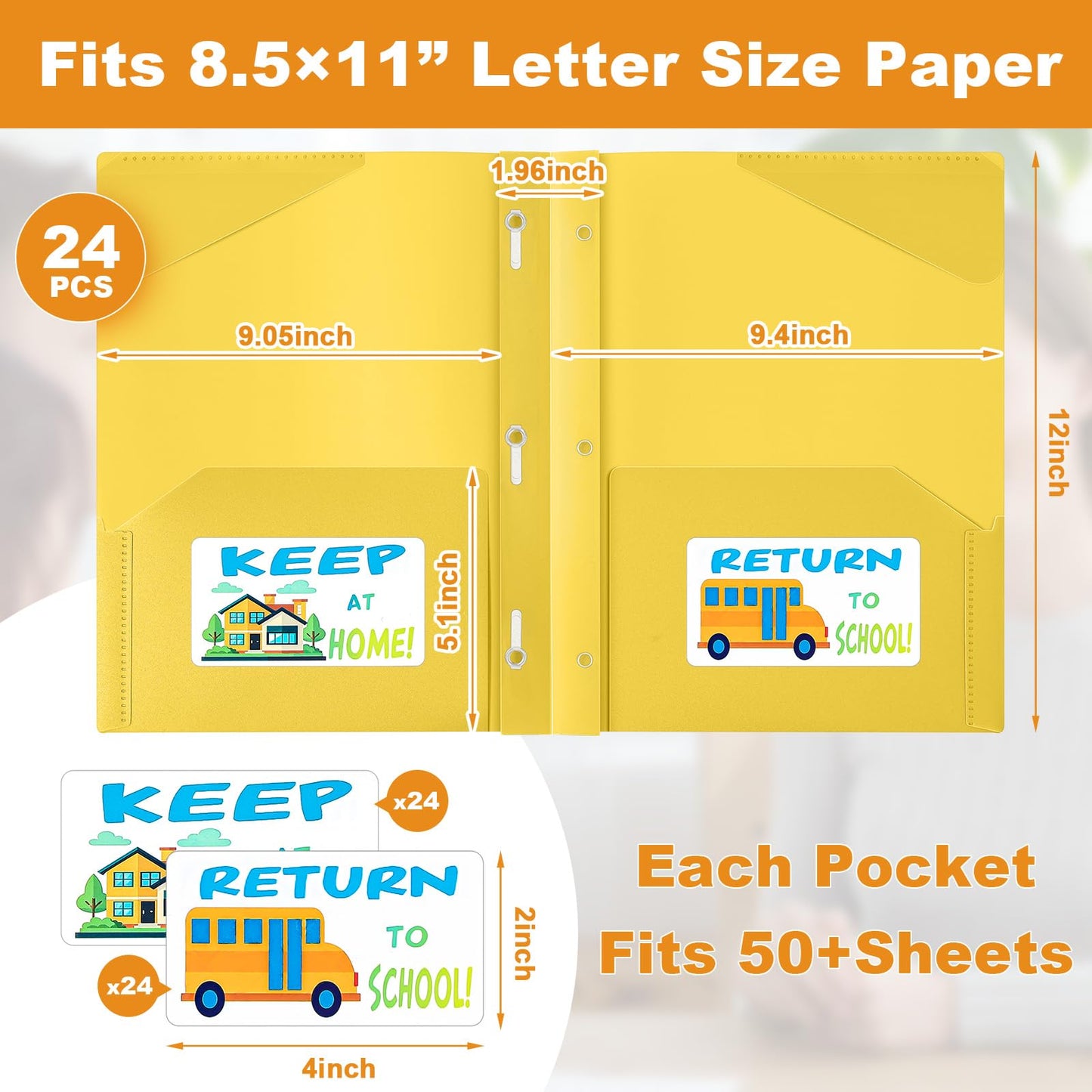Henoyso 24 Set Take Home Folders with Clear Front Pocket, School-to-Home Communication Folder Bulk for Back to School Classroom, Heavy Duty Plastic Parent-Teacher Homework Folders (Yellow)