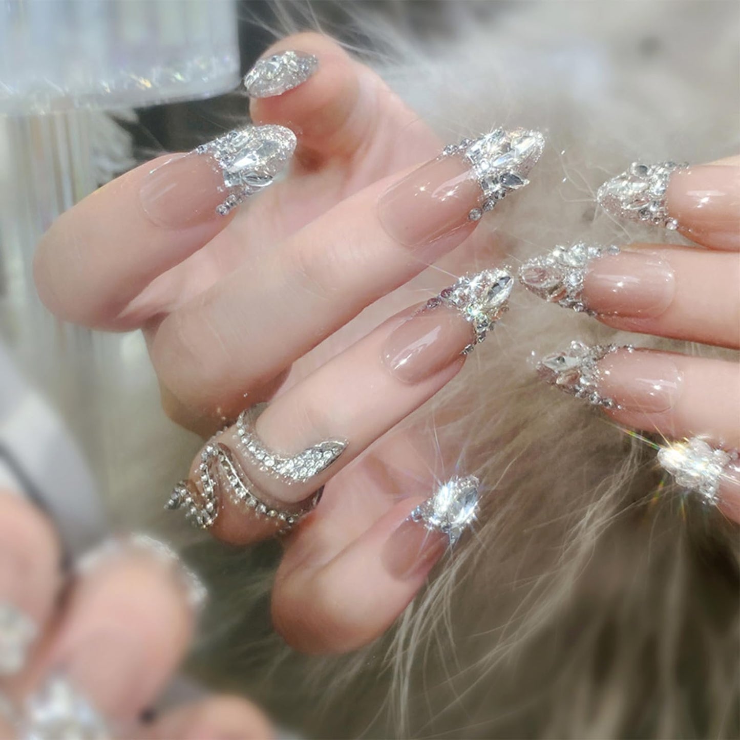 IMRAIN Medium Almond Silver Glitter French Tips False Nails with Rhinestone Designs - Glossy Full Cover Glue on Artificial Stiletto Nude Nails for Women Girls - 24 Pcs
