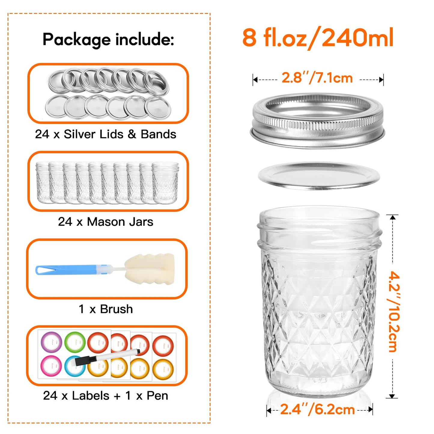 8 oz Mason Jars 24 Pack with Airtight Lids, Glass Canning Jars, Durable & Leakproof Small Jars for Jam, Honey, Pickling, DIY Crafts, Reusable Storage Containers, Great Value Set with Secure Packaging