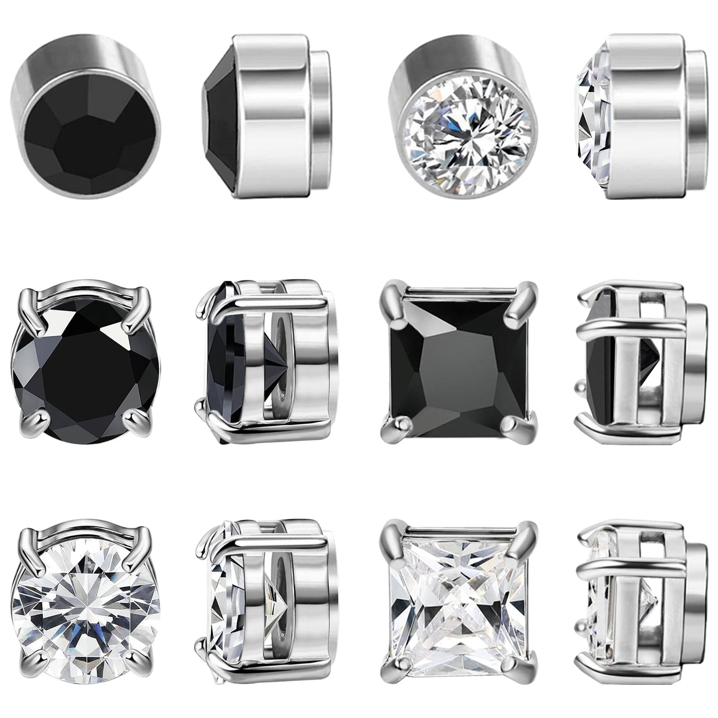 NEWITIN 6 Pairs Stainless Steel Magnetic Stud Earrings for Men Clip on Earring Magnetic Earring Unisex Non Piercing CZ Magnet Studs Diamond Earrings for Women Men