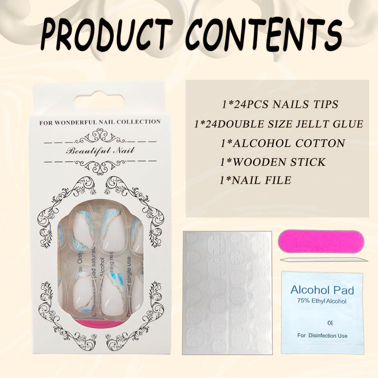 Press On Nails - Short Coffin False Nails with Glitter Designs, Glossy Finish, Blue & White, 24 Pcs