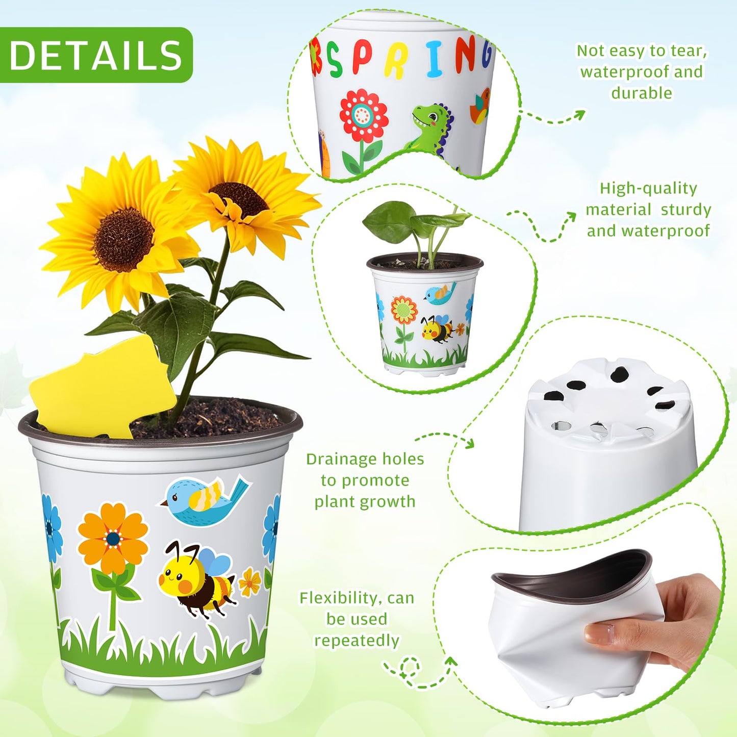 Capoda 48 Sets Garden Flower Pots Crafts Kit DIY Spring Plastic Seedling Nursery Pots with Stickers Plant Labels Growth Charts Planting Growing Tools Classroom Activities Project Gifts (Round)