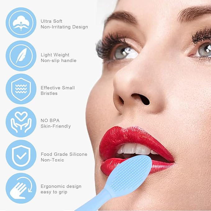 Lip Scrub Brush,Double-Sided Silicone Exfoliating Lip Brush Tool for Smoother and Fuller Lip Appearance,Blue,2pcs
