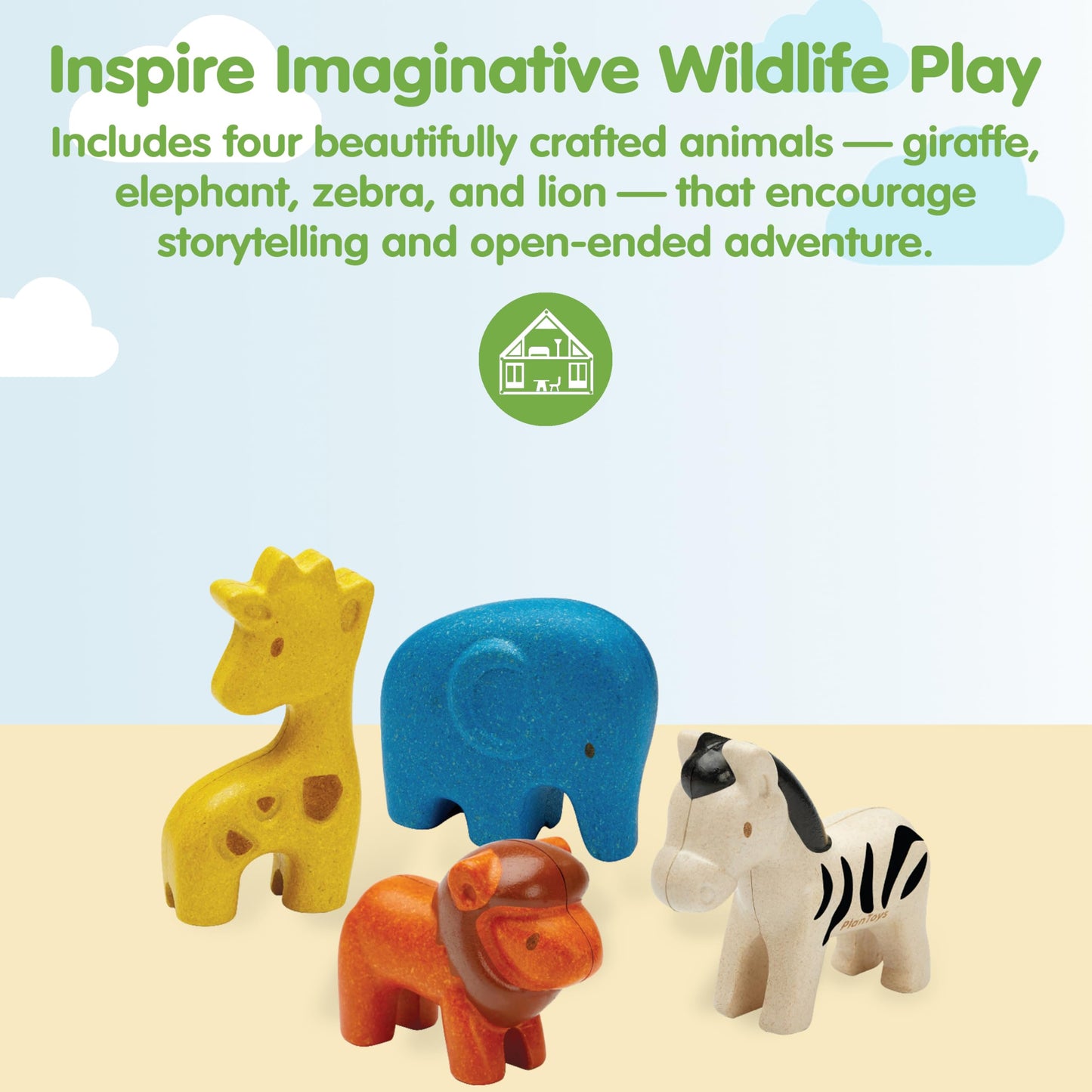 PlanToys® Wild Animals Set Wooden Montessori Imaginative and Creative Play Toy | Language, Social Development and Coordination Activity | Eco Friendly Safari Animal Figurine Set