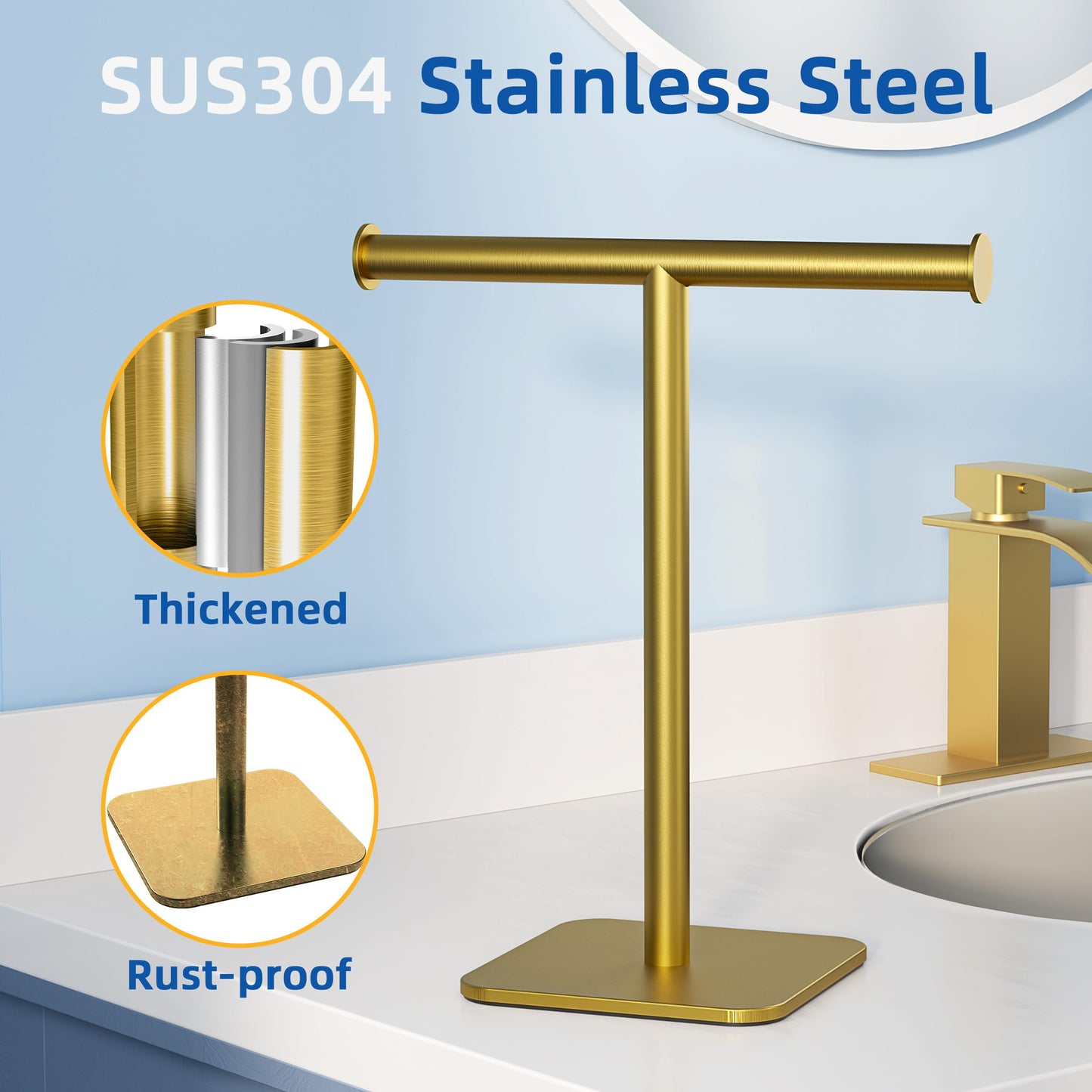 RUACQ Hand Towel Holder Stand, T-Shape Stainless Steel Free Standing Towel Rack, Vanity Countertop Towel Holder for Bathroom Kitchen Heavy Duty (Brushed Gold)