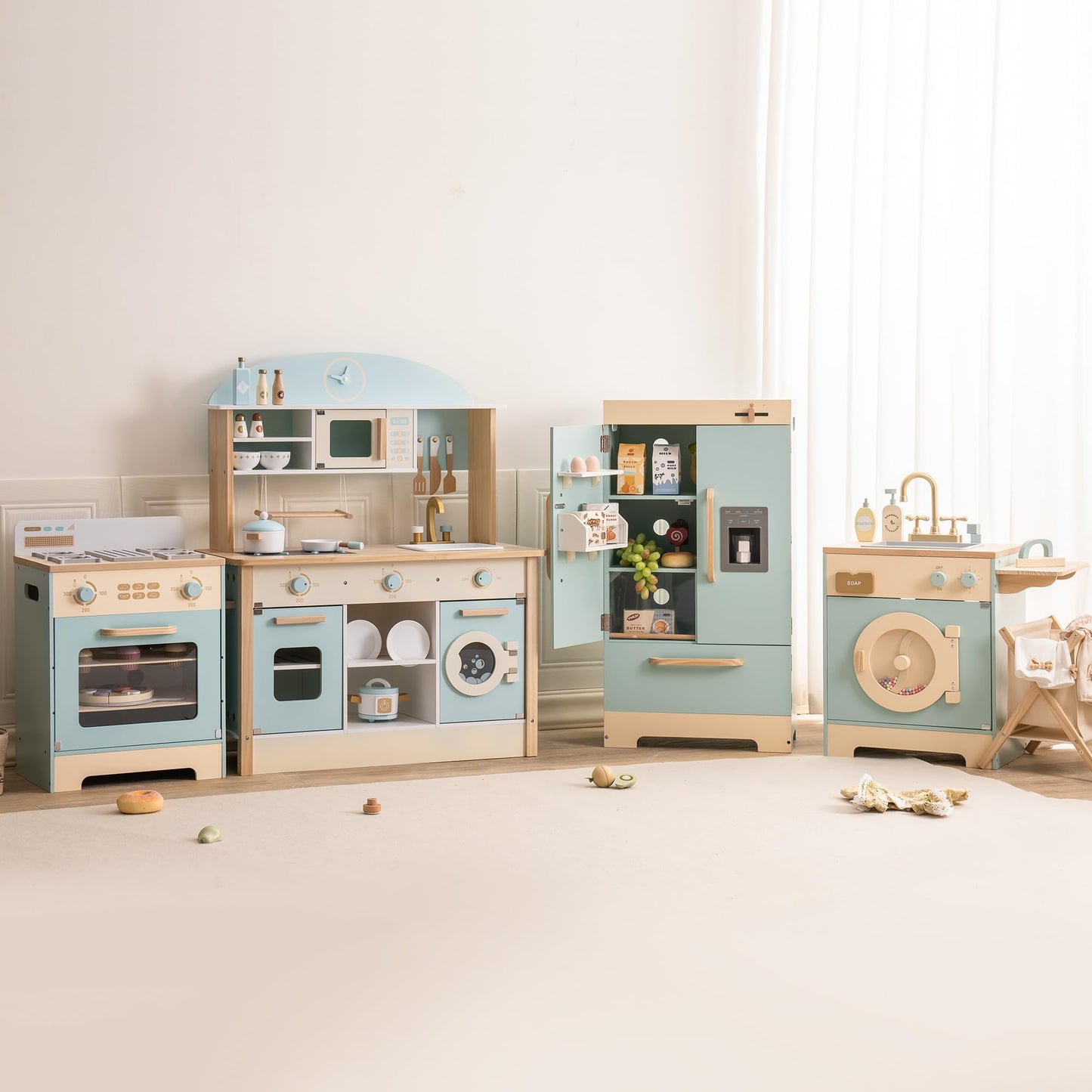 ROBOTIME Wooden Play Kitchen, Toddler Kitchen Playset with Oven, Fridge & Washing Machine, Kids Kitchen Playset Gift for 3+ Year Old Boys & Girls