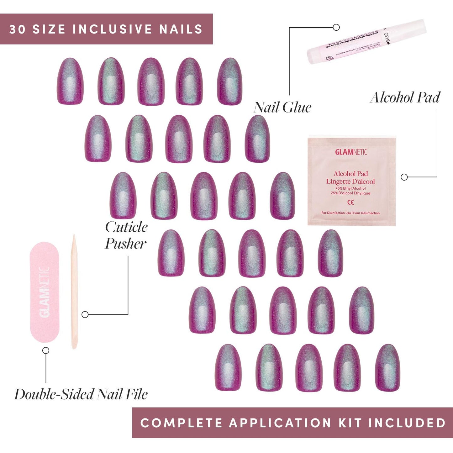 Glamnetic Press-On Nails Bundle - Berry Fizz, Fairy Dust, Goal Digger | Short Oval Magenta Nails | Semi-Transparent Round False | Beige-Pink Oval Fake | Reusable Nail Sets