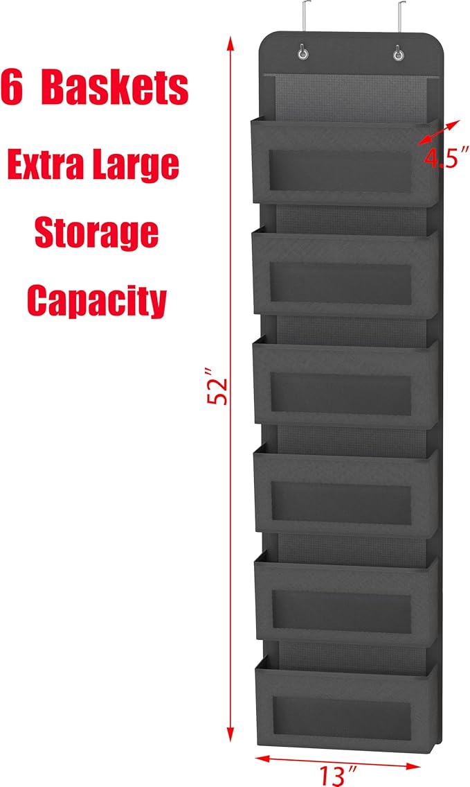 Simple Houseware 6 Clear Window Pocket Over Closet Door Storage Hanging Organizer for Bedroom, Bathroom, Pantry, Dark Gray