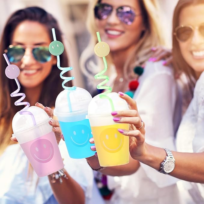 Yaomiao Smile Face Sipper Cups with Straws and Lids, 12 oz Clear Plastic Cups Happy Face Party Cups with Dome Lids Happy Party Favors for Kids, Tea, Coffee, Smoothie, Cold Drinks(64 Pack)