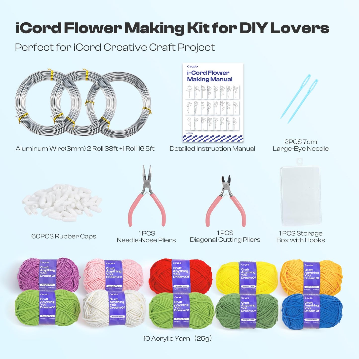 Caydo i Cord Flower Making Kit with 20 Flowers & 4 Leaves Templates, 10pcs Yarn and 82ft Craft Wire Kits for Beginner, DIY Florals Handicraft Making Kit, Learn to Knitting iCord with i Cord Maker Tool