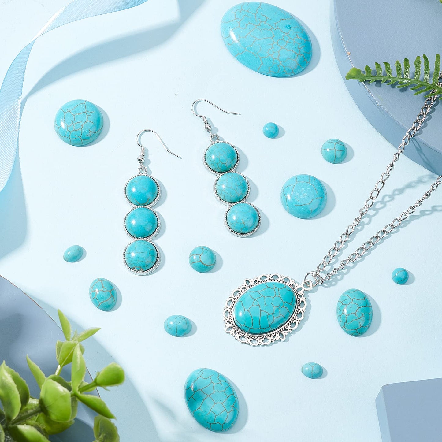PH PandaHall 84pcs Synthetic Turquoise Stone Cabochons, 7 Sizes Blue Texture Gemstone Tiles Oval Flat Round Dome Bead Stone Cabochon Tile for Bracelet Necklace Earrings Cameo Jewelry Making, 6~40mm