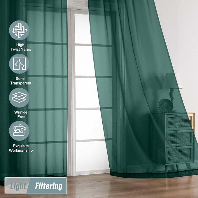 Green Sheer Curtains 63 Inch Length 2 Panels, Soft Voile Sheer Curtains for Christmas, Breathable Light Filtering Window Treatments, Dual Rod Pocket Panels, Hunter Green, 2x42Wx63L Inches
