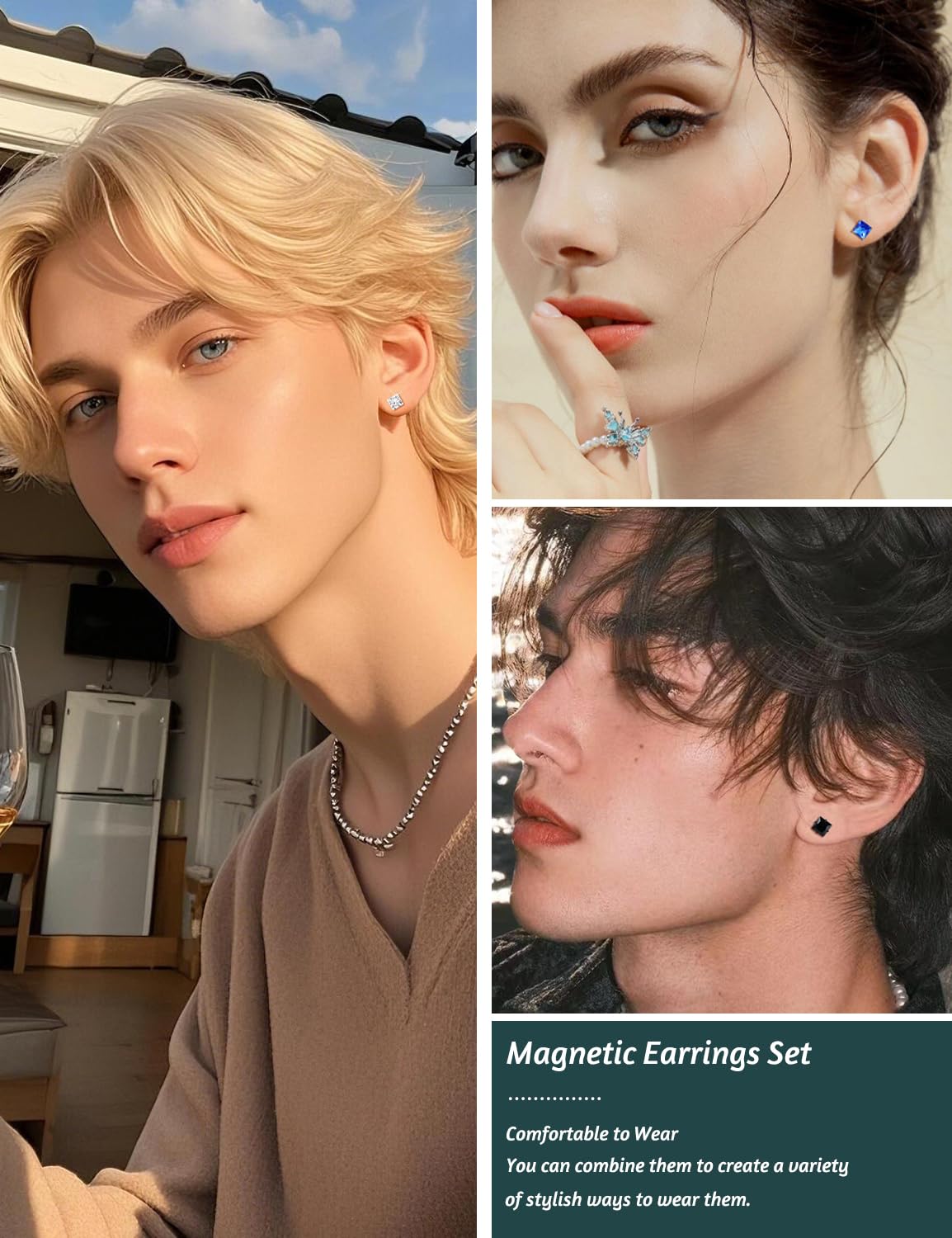 SIISPRI 4 Pairs Stainless Steel Magnetic Stud Earrings for Men Women Hypoallergenic Inlaid Cubic Zirconia Unisex Non-Piercing Clip On Stud Diamond Earrings Set