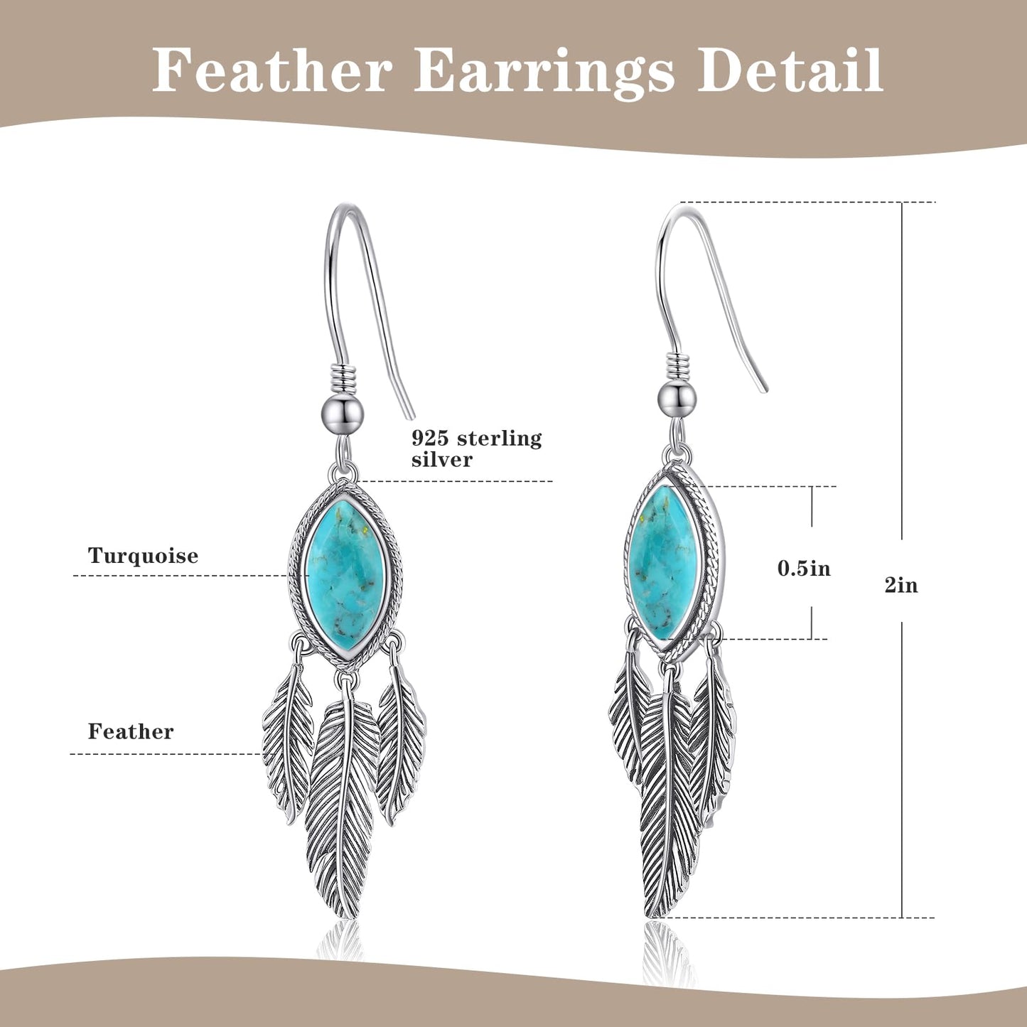 AVECON Turquoise Feather Dangle Earrings for Women 925 Sterling Silver Earring Vintage Turquoise Jewelry with Feather Boho Leaf statement Earrings Trendy Hook Earrings Western Jewelry for Her