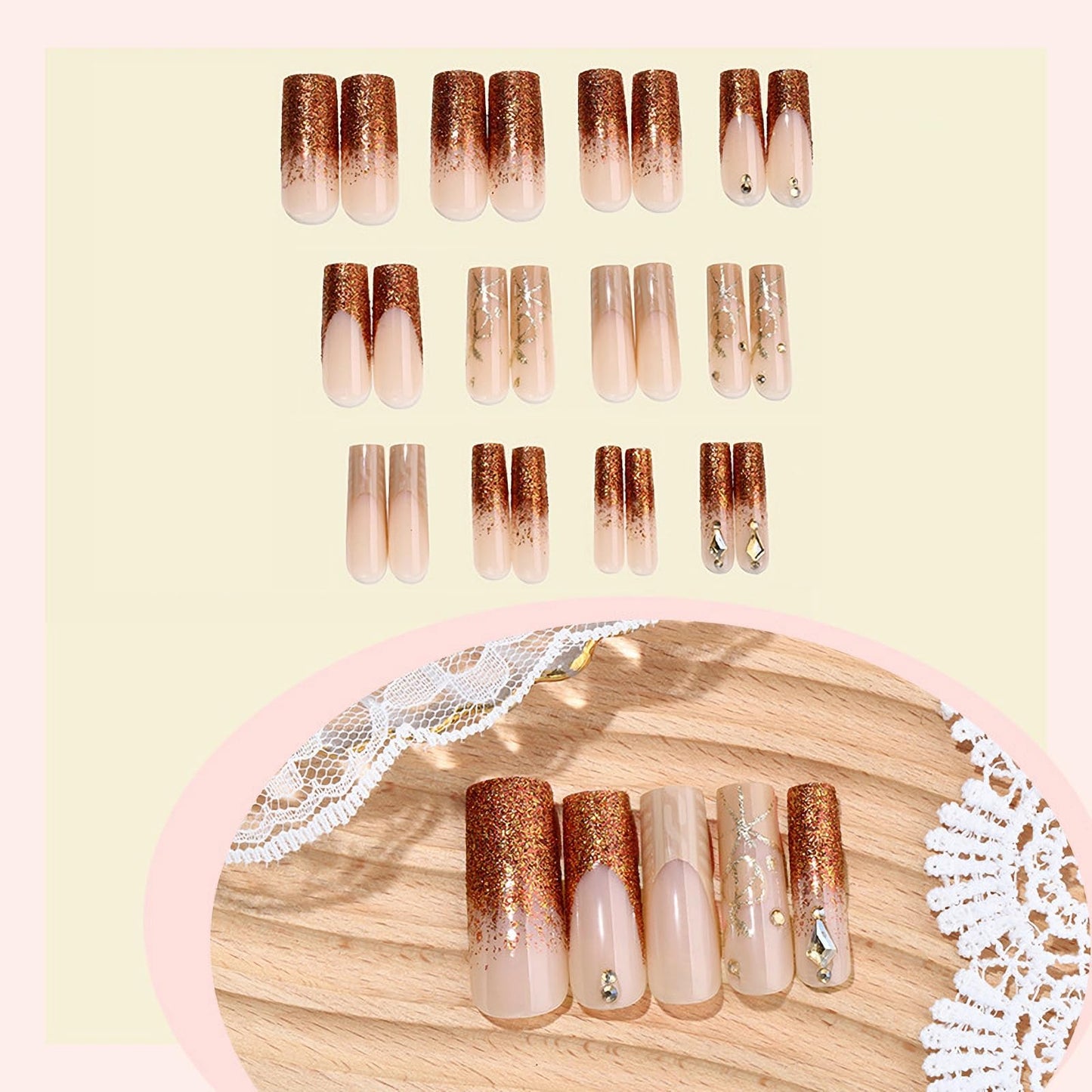 MISUD Press on Nails - Long Square Fake Nails with Gold Brown, Acrylic Bling Glitter Design 24 pcs