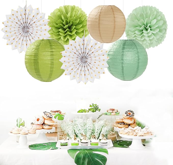 Olive-Sage Green-Boho Party-Decorations Streamers-Lanterns - 14pcs Baby Bridal Shower Wedding Paper Fan, Eucalyptus Wild Safari Jungle Birthday Tissue Pom Poms, Honeycomb Balls Decor Lasting Surprise