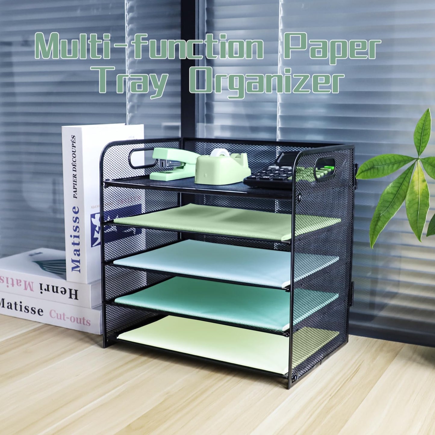 IOUGDSEC Paper Letter Tray with Handle, 5 Tier Metal Mesh Desk File Organizer, A4 Paper Desktop Filing Trays, Desk Tidy Magazine Document Holder for Home Office, Black