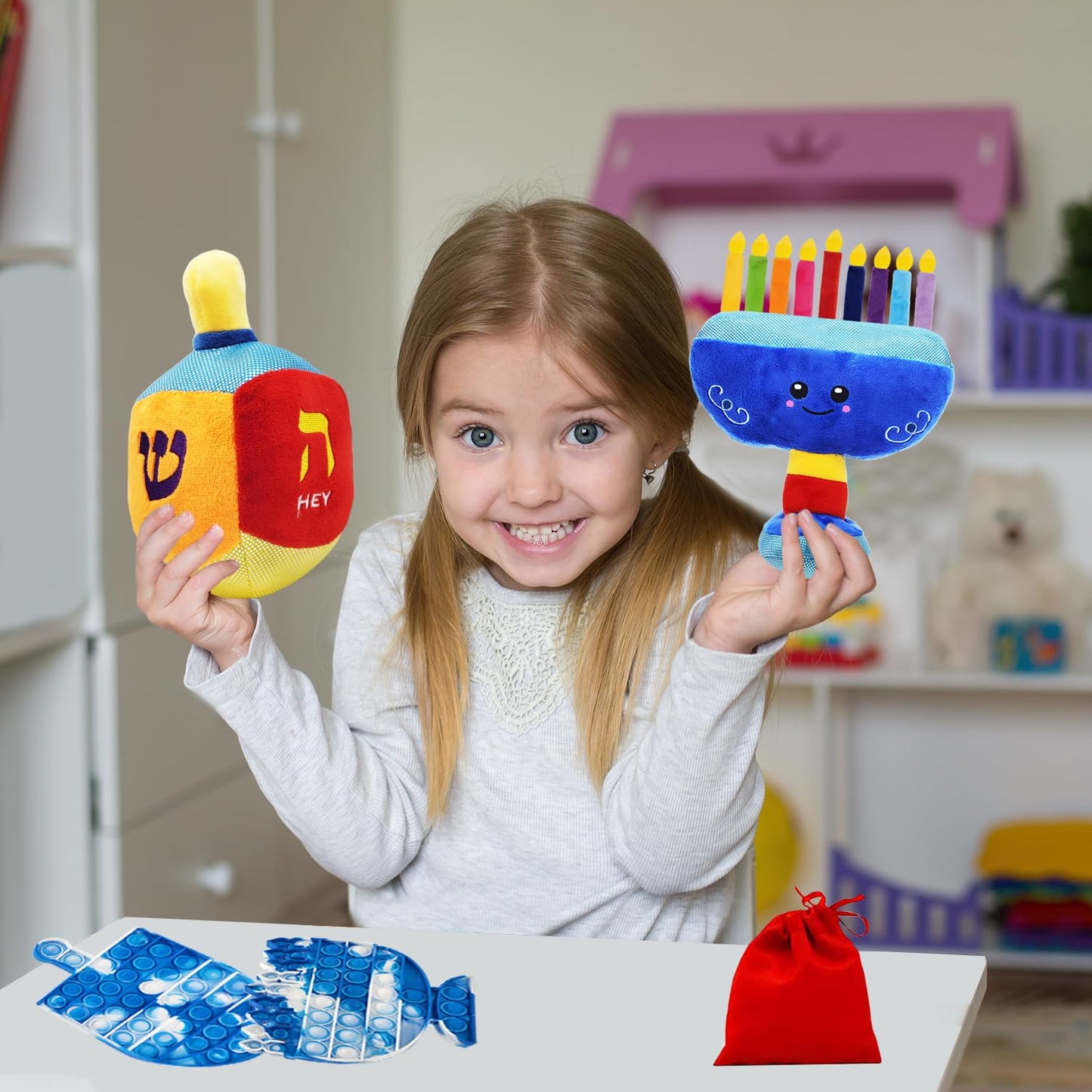 Plush Hanukkah Menorah & Plush Dreidel Toy Musical Menorah Plays 2 Classic Hanukkah Melodies Includes Removable Chanukah Candles & Candle Bag with Rattle Dreidel