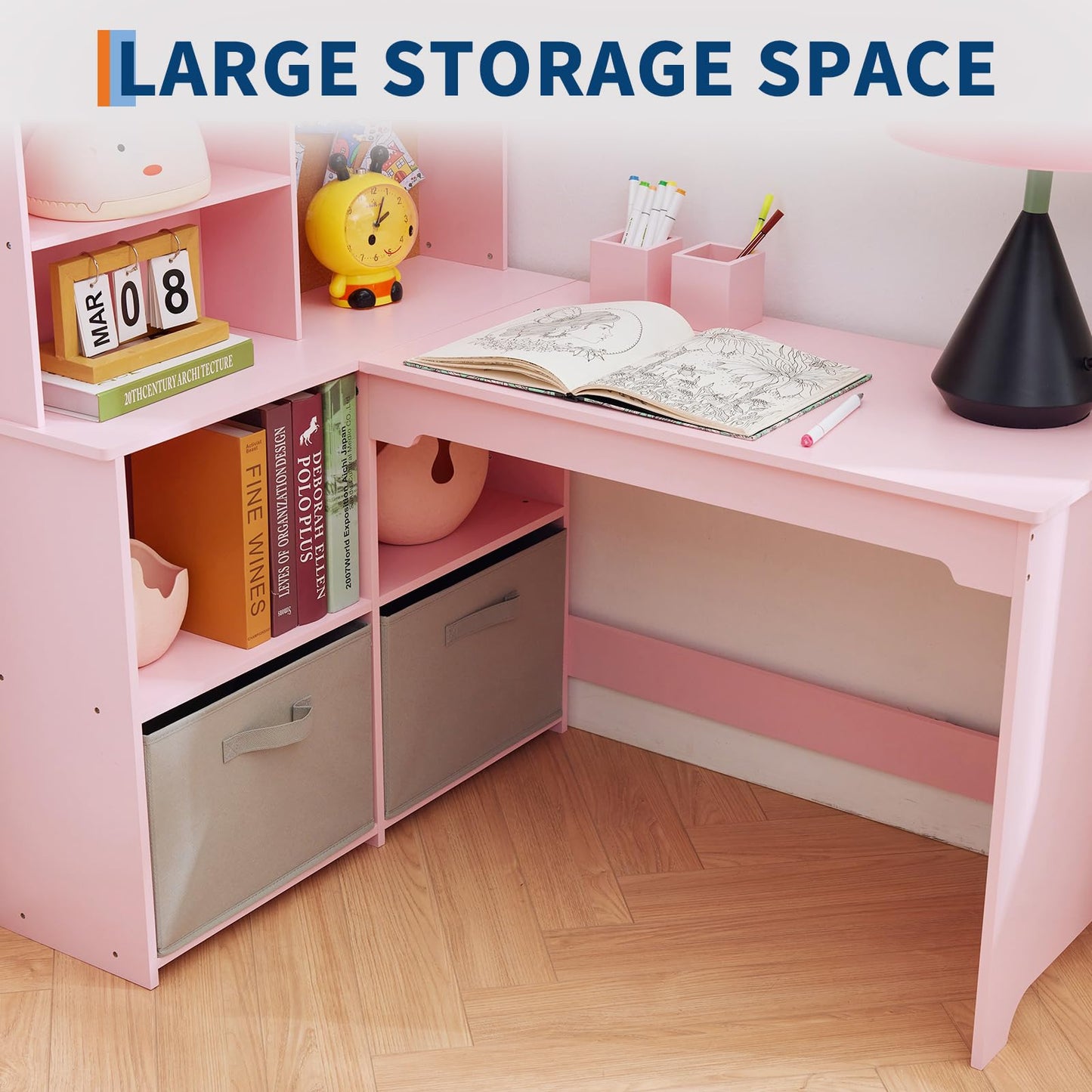 Garvee Kids Corner Desk, Desk and Chair Set for Children, L Shape Kids Study Table - Features Bulletin Board Open Shelves & Storage Cabinets and Cloth Drawers, Pink