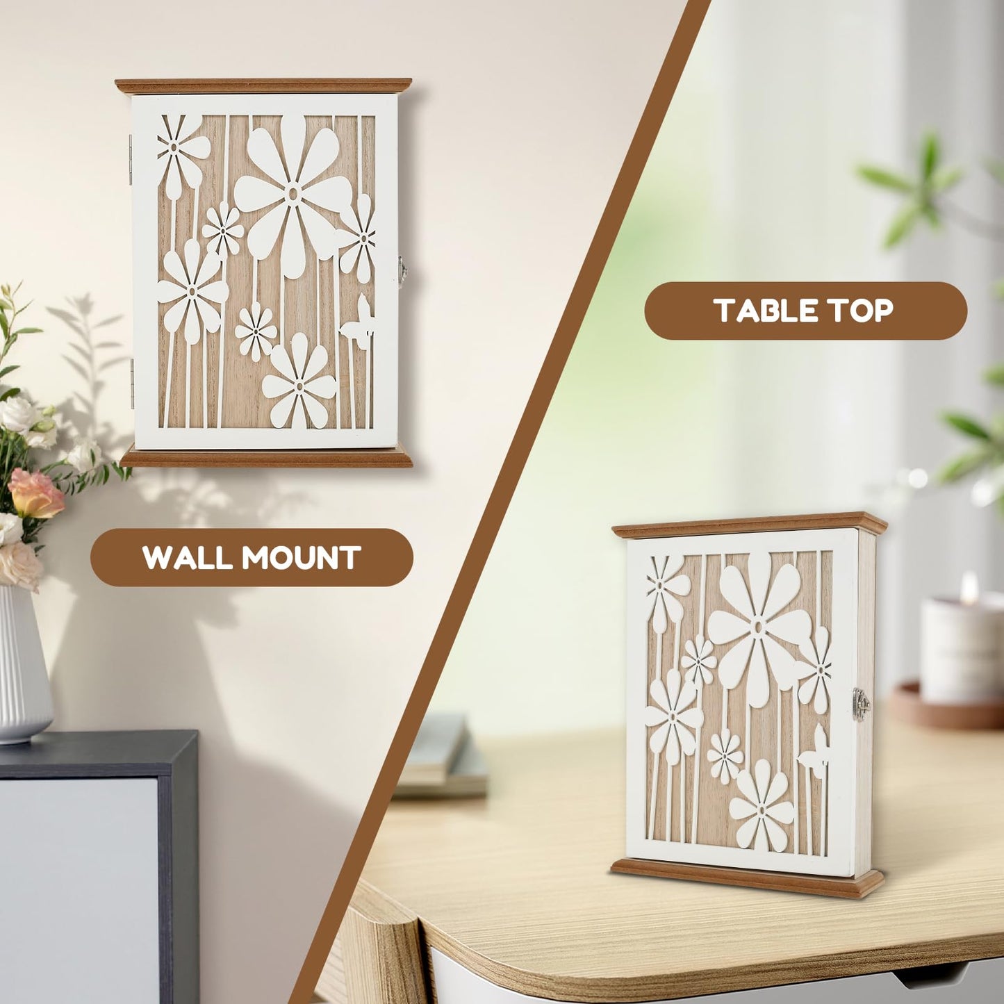 Kandishiex US Wooden Key Box Wall Mount Wooden Key Holder Decorative Wall Key Hanger with 6 Key Hooks Rustic Key Cabinet Key Organizer Entryway Key Holder for Wall Entryway Hallway(Style 1)