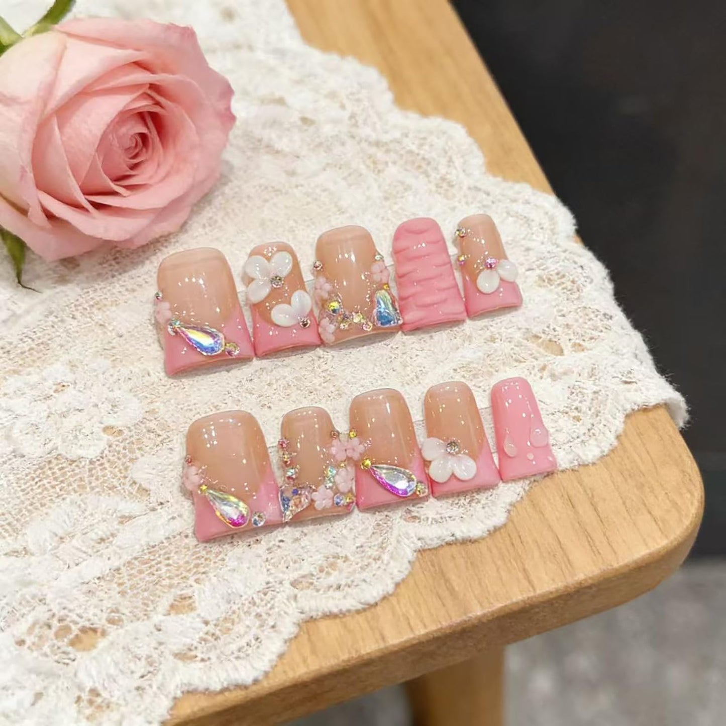 10 Pcs Press on Nails Handmade Duck Glue on Nails Pink French Tip with 3d Sparkling Diamond Design Handmade Acrylic Nails Elegant for Women for Spring Summer (S)