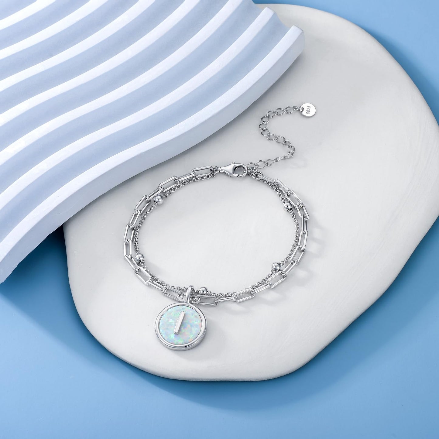 LWQQWL Initial I Bracelet for Women 925 Sterling Silver Layered Initial Bracelet Opal Letter 26 Alphabet Jewelry Christmas Gifts