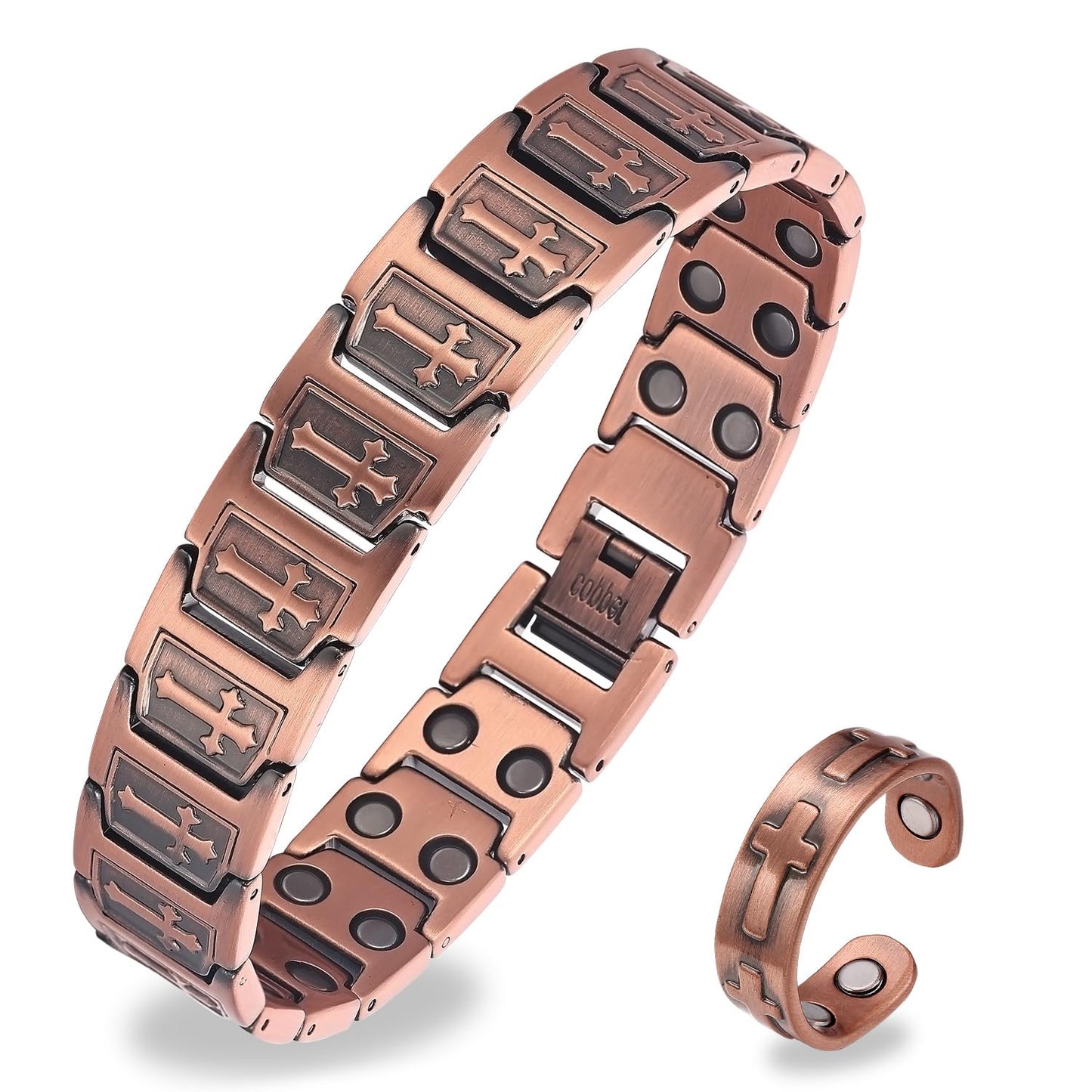 Fashtour Copper Cross Bracelet for Men, Ultra Strength Cross Bracelet With Ring Include Adjustable Link, Jewelry Gift
