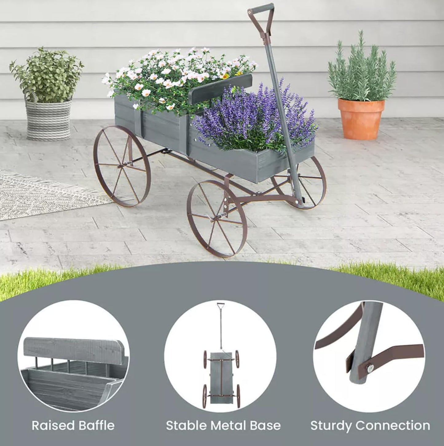 Wagon Planter, Decorative Wooden Garden Planter with Wheels, 2 Planting Sections and Adjustable Handle, Indoor Outdoor Backyard Balcony Decor (Grey)