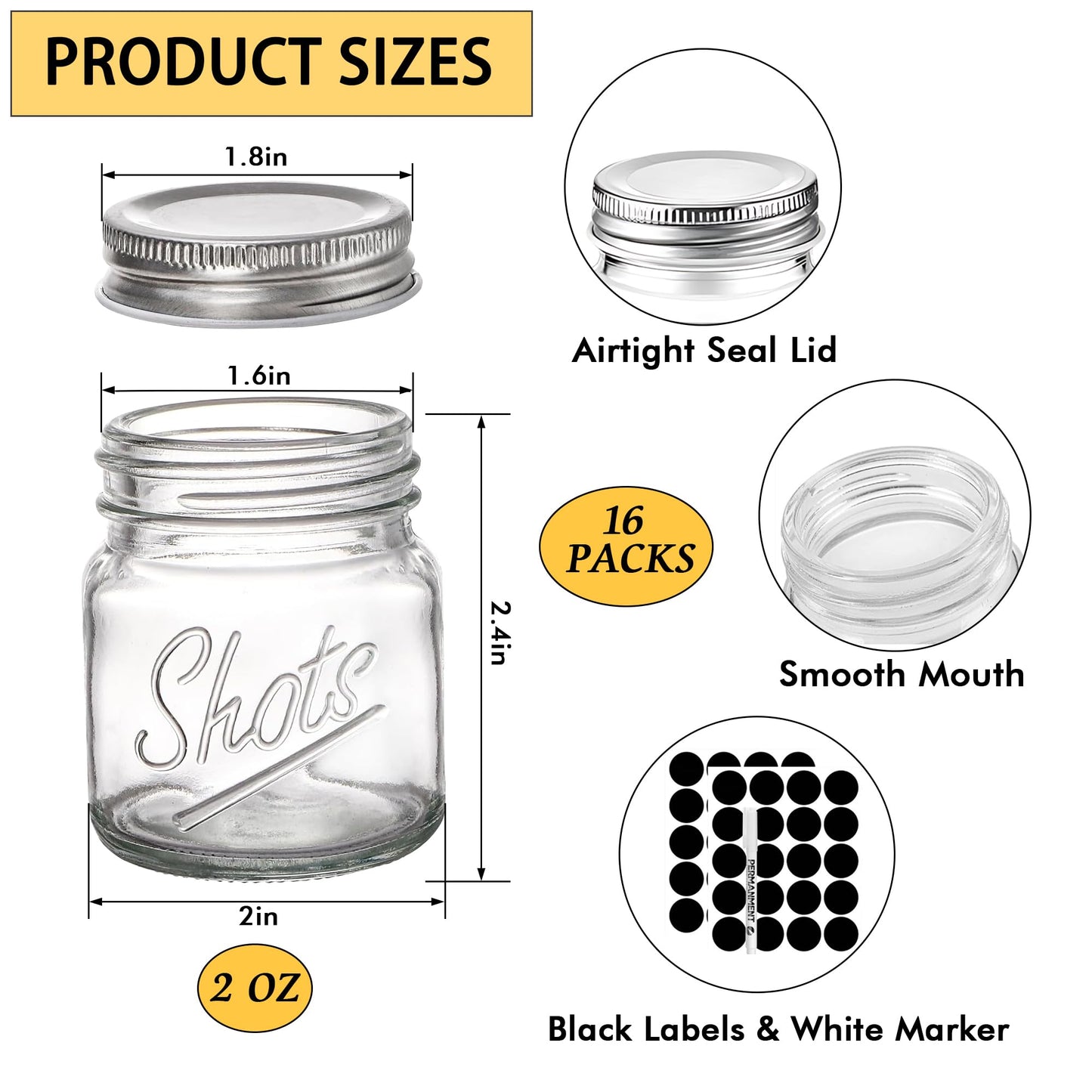 WYIPOLZI 16 Pcs 2 Oz Mini Mason Jars Bulk with lids, Small Shot Bottles Clear Shooter Glass for Bars, Storage Containers for Jam Honey Spice Candy DIY Crafts