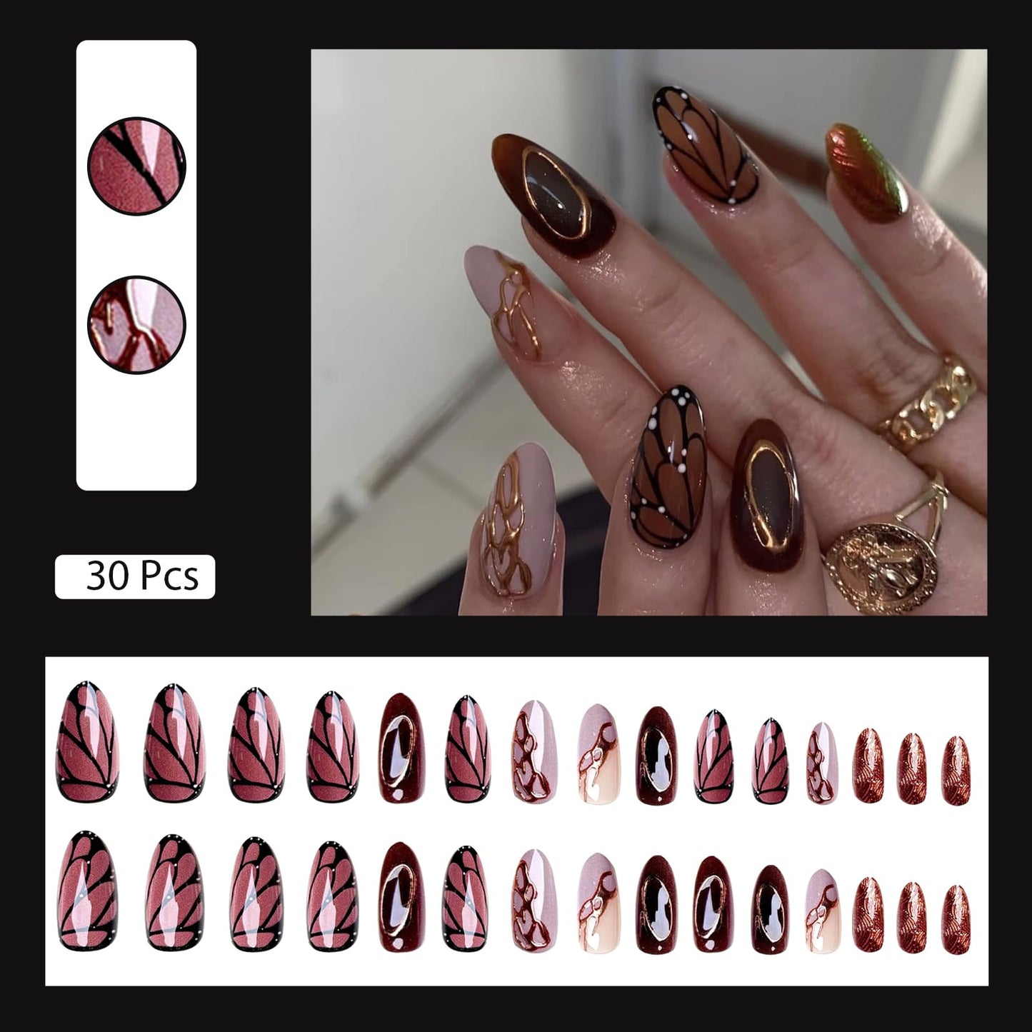 VOTACOS 24PCS Brown Acrylic Press on Nails Almond Medium Gold Glitter Fake Nails Press Ons with Designs Butterfly Pattern Glue on Nail for Women 3D Line Design Reusable Artificial Stick on False Nail